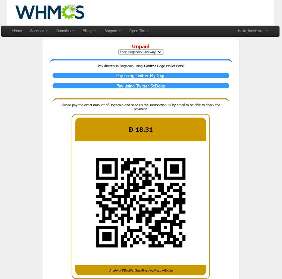 Easy Dogecoin Gateway for WHMCS (Cpanel)